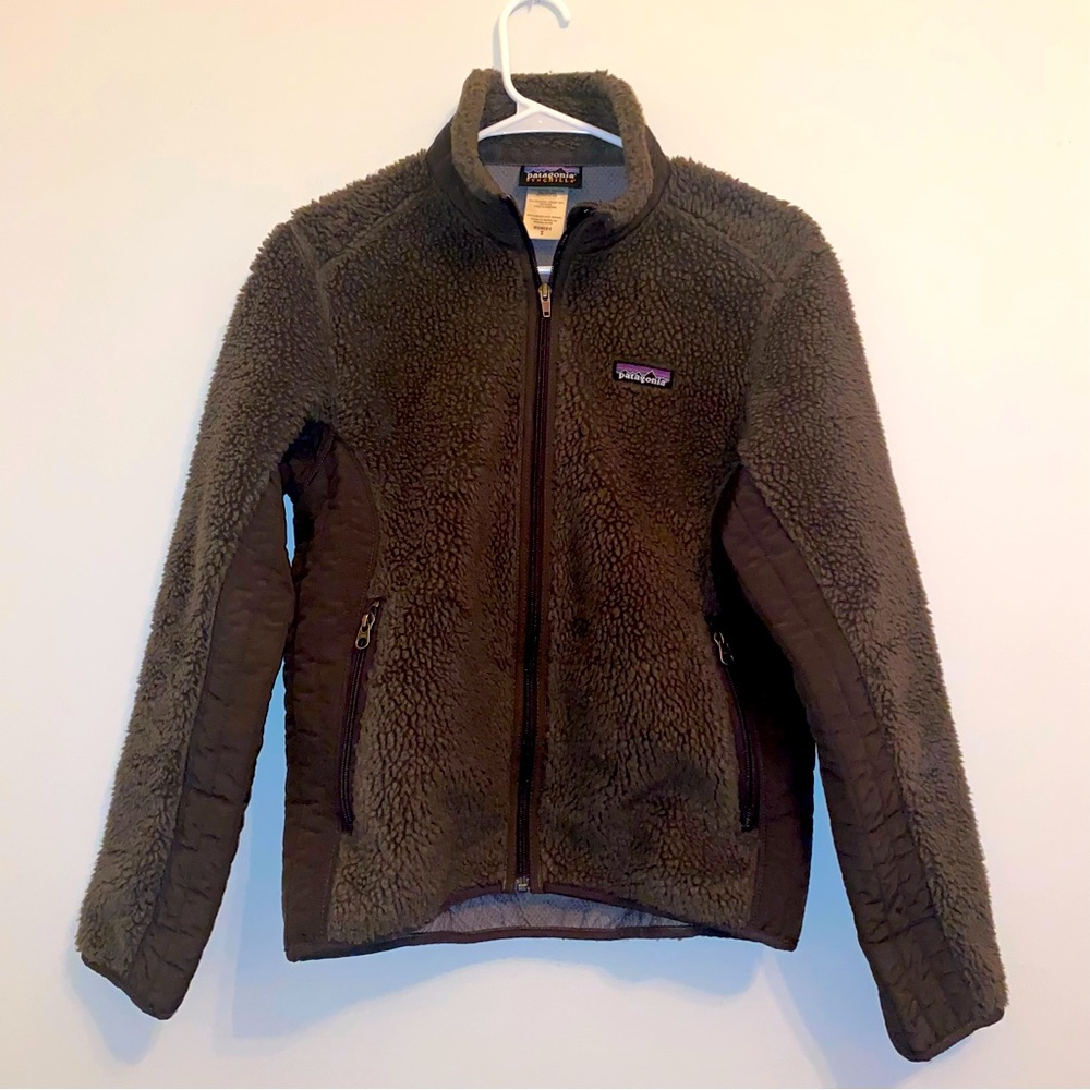 Patagonia Jacket Womens Small Brown Fuzzy Full Zip Deep Pile Logo Long Sleeve